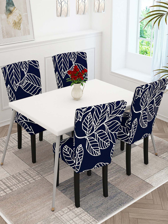 Navy Blue 4 Pieces Floral Printed Chair Covers