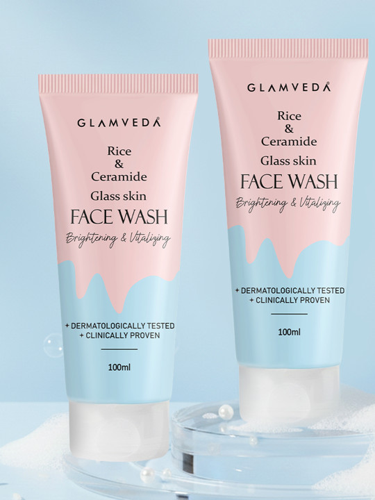 GLAMVEDA Pack of 2 Korean Glass Skin Rice & Ceramide Face Wash for Glowing Skin 100ml Each