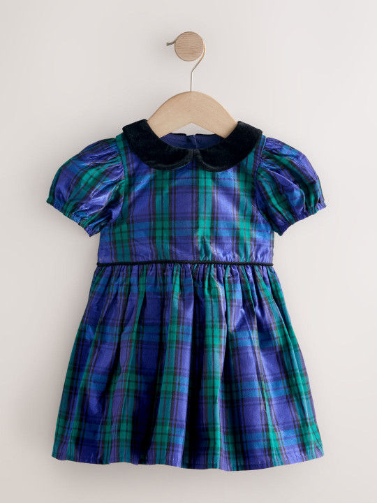 NEXT Girls Checked Peter Pan Collar Puff Sleeve Fit & Flare Dress