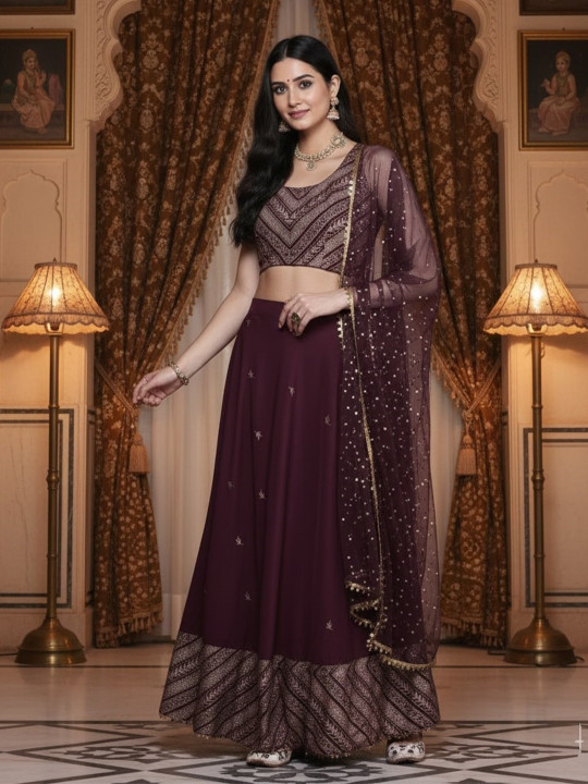 Ahalyaa Purple & Gold-Toned Printed Sequinned Foil Print Ready to Wear Lehenga & Blouse With Dupatta