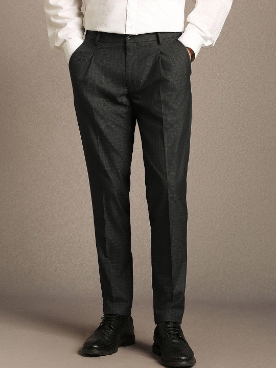 Louis Philippe Men Checked Slim Fit Pleated Trousers