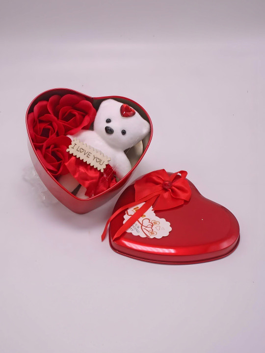 Elecsera Red Metal Heart Shape Valentine Gift Box With Teddy & Rose