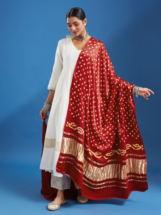 Taavi Bandhani Printed Zari Work Pure Gajji Silk Dupatta