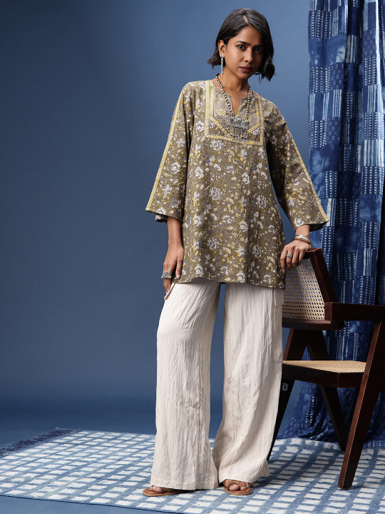 Taavi Floral Printed Flared Sleeves Block Print Legacy Crafted Kurti