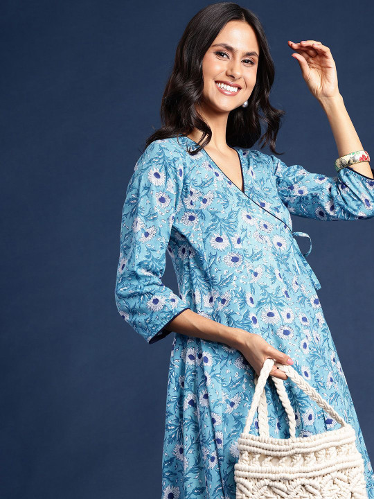 Taavi Floral Printed V-Neck Angrakha Cotton Anarkali Kurta