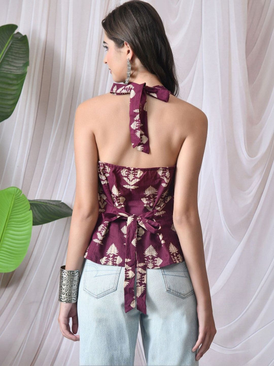 Anouk Rustic Women Floral Printed Halter-Neck Sleeveless A-Line Flared Kurti