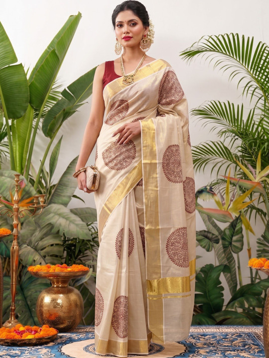 Floral Zari Tissue Designer Kasavu Saree
