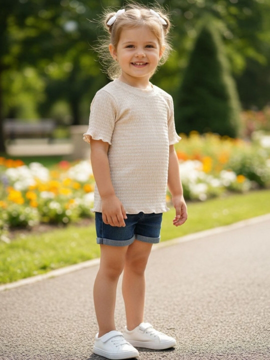 V-Mart Girls Beige Round Neck Short Sleeves T-shirt