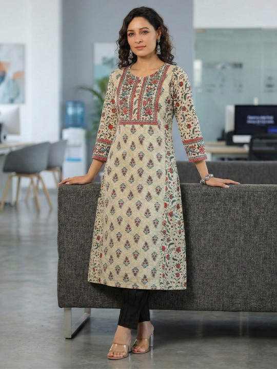 Rain & Rainbow Ethnic Motifs Printed Sequinned Pure Cotton A-Line Kurta