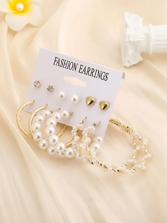 DressBerry Set Of 6 Gold-Plated Pearls Beaded Hoop Earrings