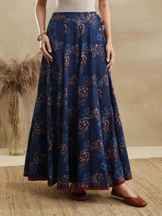 Fabindia Women Cotton Floral Indigo Maxi Flared Skirt