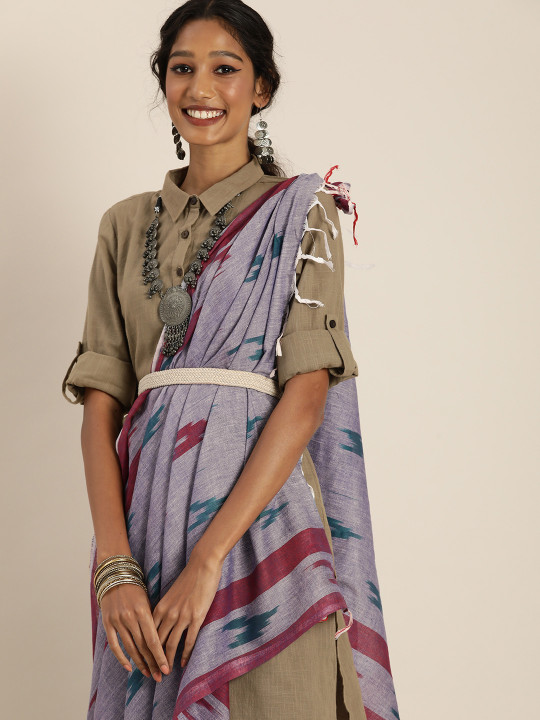 Taavi Blue & Maroon Pure Cotton Woven Design Ikat Dupatta