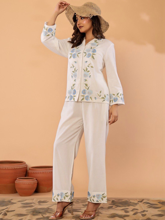 Sangria Florals Embroidered Shirt with Trousers