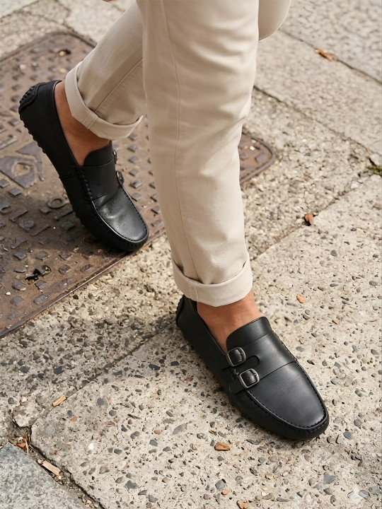 MICHEAL FERAAS Premium Men Round Toe Lightweight Leather Loafers With Buckle Detail