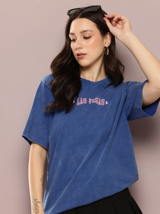 DILLINGER Women's Acid Washed Oversized Printed Tshirt
