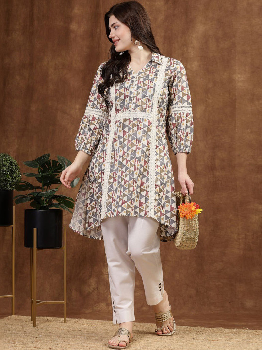 Nayam By Lakshita Geometric Printed Shirt Collar Kurti