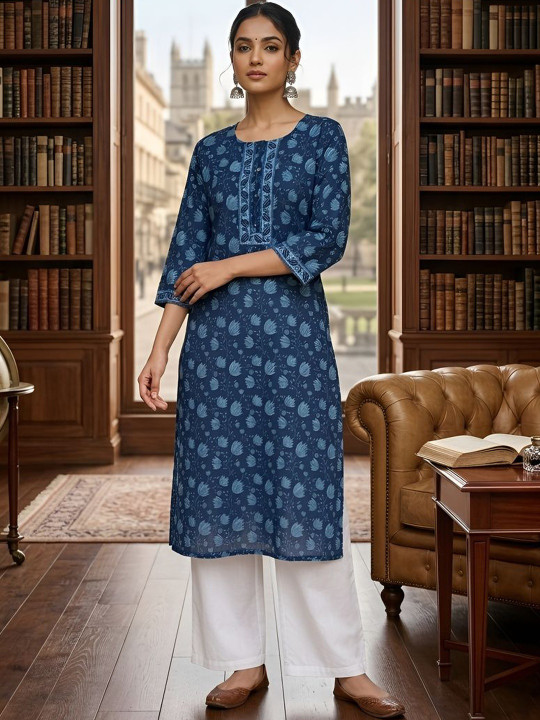 Nayo Cotton Blue Printed Straight Three Quarter Sleeves Kurtas