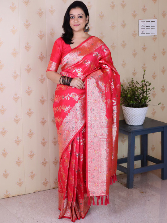HERE&NOW Woven Design Zari Banarasi Saree With Blouse Piece