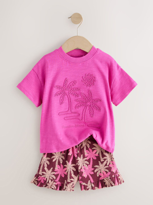 NEXT Girls Pure Cotton Embroidered T-shirt with Printed Shorts