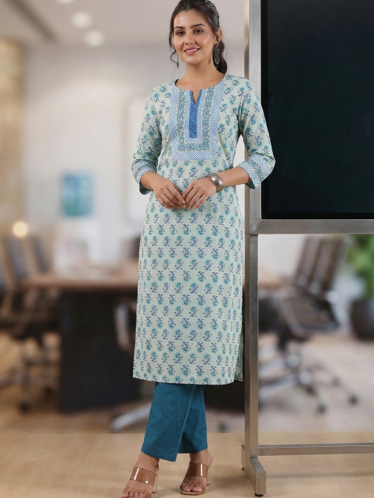 Rain & Rainbow Women Green & Blue Floral Printed Kurta