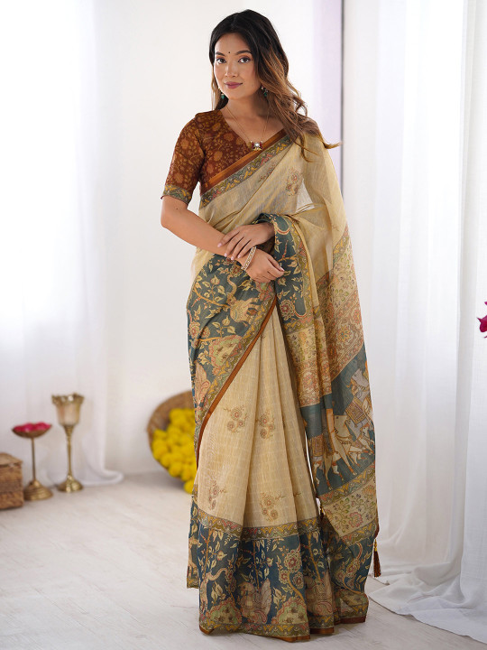 Satrani Floral Printed Pure Linen Saree