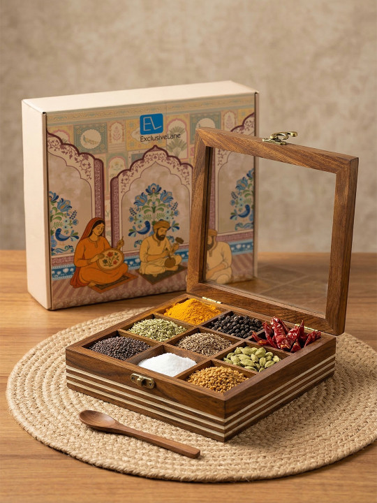 ExclusiveLane Brown Solid Hand Engraved Sheesham Wooden Square Spice Box With Spoon