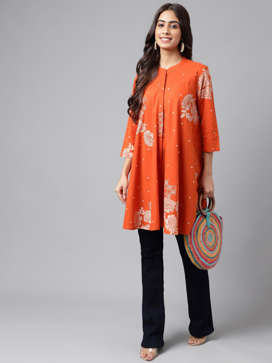 Janasya Women's Orange Pure Cotton Floral Printed Flared Tunic