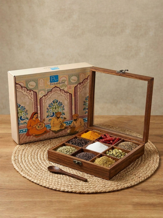 ExclusiveLane Brown Handcrafted Sheesham Wooden Spice Box With Spoon