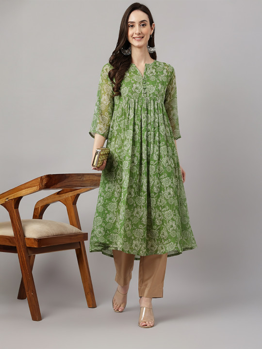 Janasya Women's Green Chiffon Lurex Floral Printed A-line Kurta