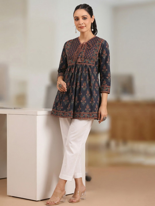 Rain & Rainbow Blue & Rust Floral Printed Pure Cotton Empire Kurti