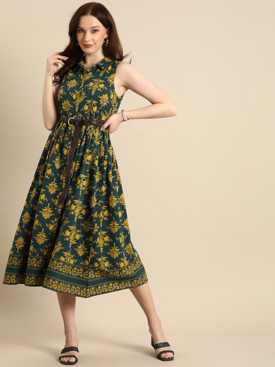 all about you Green & Yellow Floral Cotton Sleevless Gathered Midi Dress