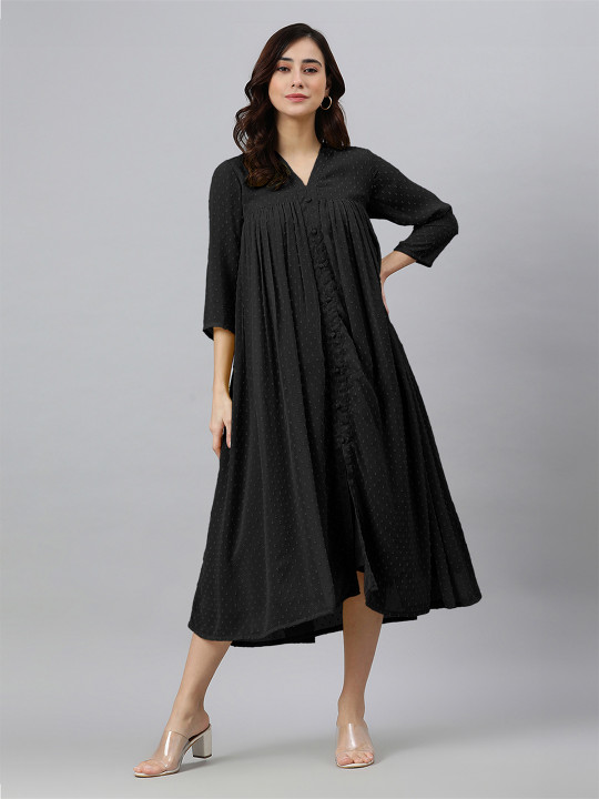 Janasya Women's Black Dobby Chiffon Self Design Empire Kurta