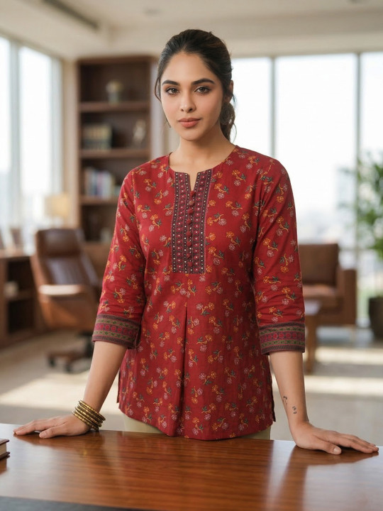 Rain & Rainbow Floral Printed Sequinned Pure Cotton Kurti