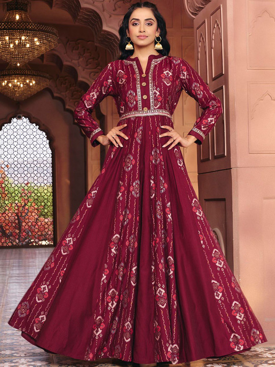 MADHURAM Printed Mandarin Collar Gown Maxi Dress