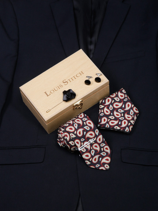 LOUIS STITCH Men Italian Silk Conversational Printed Necktie Accessory Gift Set