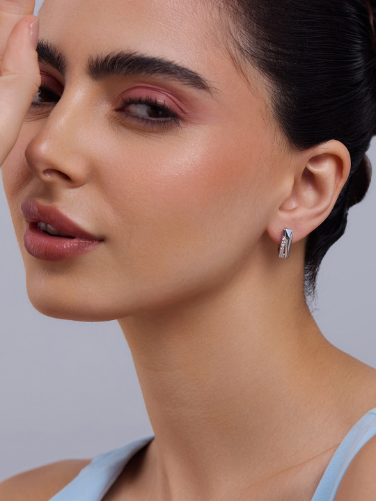 Kushal's Fashion Jewellery 92.5 Pure Silver Rhodium-Plated Zircon Studded Hoop Earrings