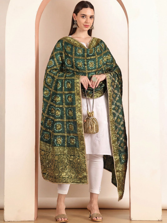 Clora Creation Ethnic Motifs Woven Design Bandhani Dupatta with Zari