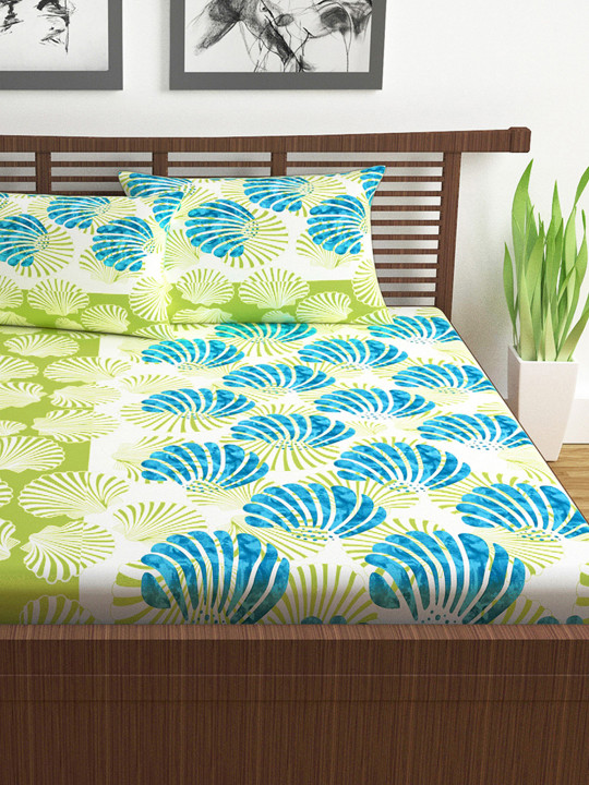 Divine Casa Green & Blue Floral Printed Double Queen Bedsheet With 2 Pillow Covers & Dohar
