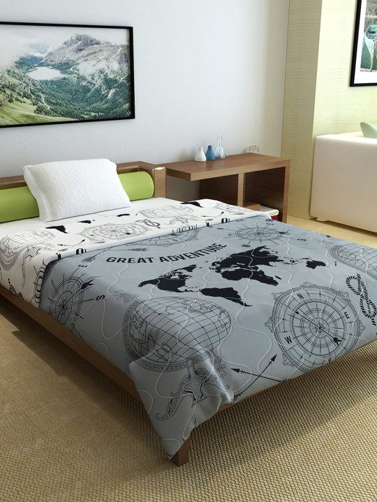Divine Casa Stonewash Grey Geographic Microfiber Mild Winter 120 GSM Reversible Single Bed Comforter