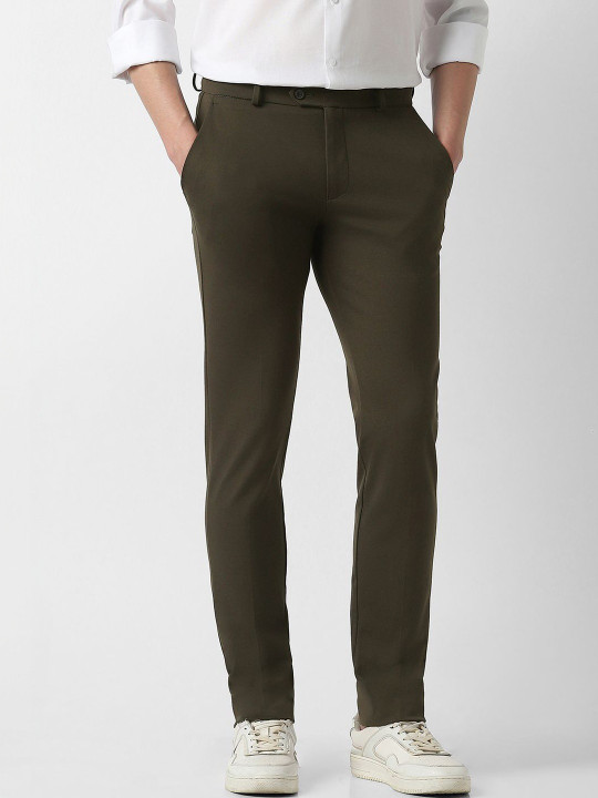 Peter England Men Olive Textured Formal Trousers