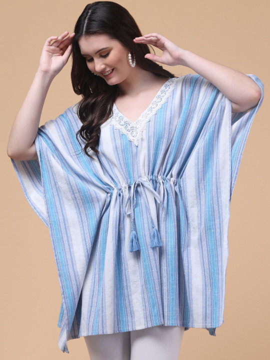 Hive91 Women Blue White Striped Pure Cotton Kaftan Kurta Lace Detailing Dresses