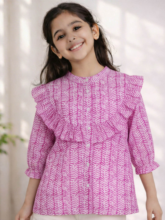 Purple United Kids Girls Vibrant Print Cold-Shoulder Styling Comfortable Fit Pink Top