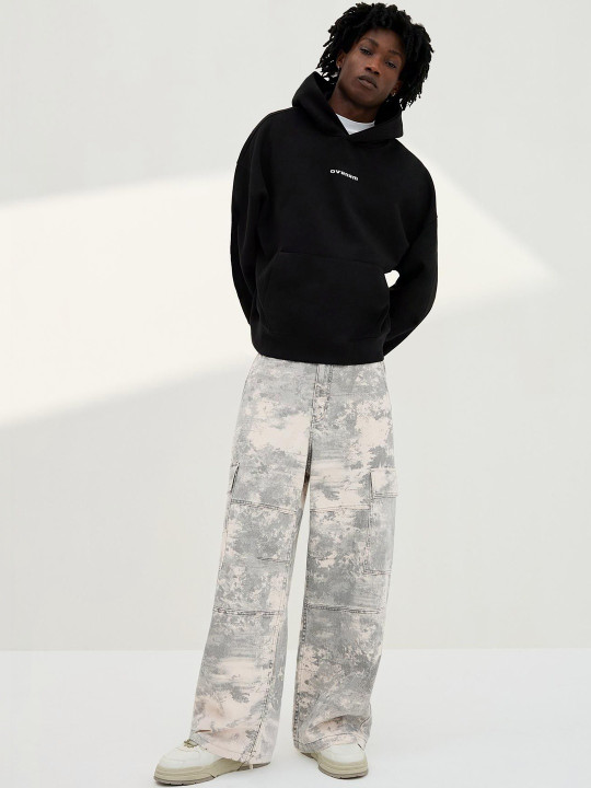 Bershka Men Camouflage Printed Relaxed Easy Wash Chambray Cotton Cargos Trousers