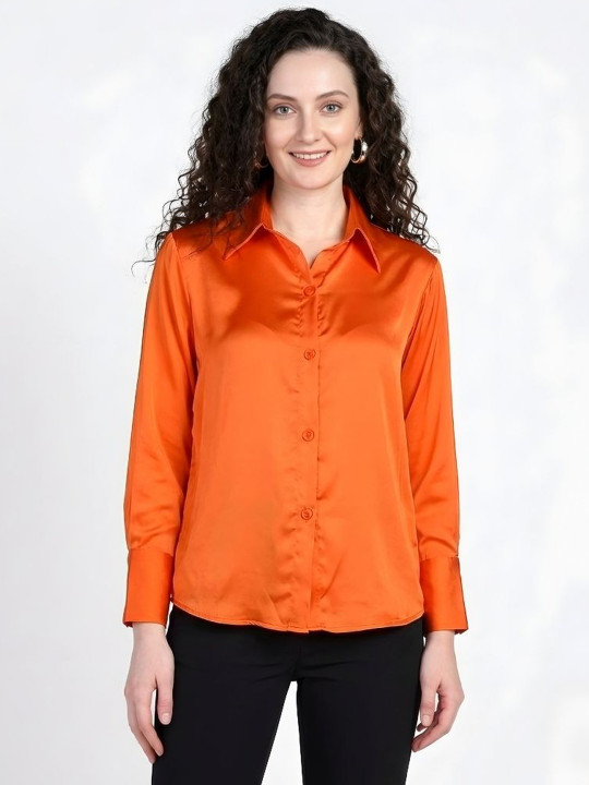 MICHAEL KOVLIN Women Premium Luxe Spread Collar Casual Satin Shirt
