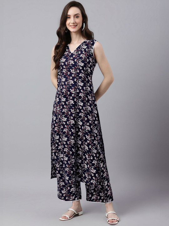 KALINI Women's Navy Blue Pure Cotton Floral Printed A-line Co-ord Set