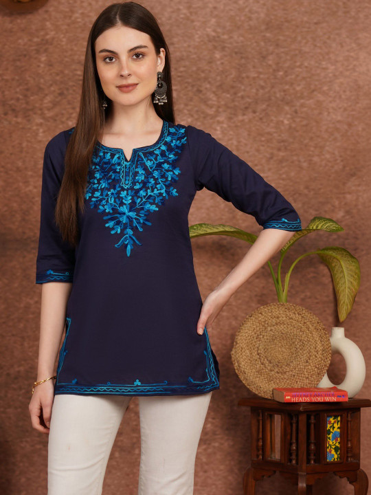 PHOOLKAARI Floral Embroidered Thread Work Pure Cotton Thread Work Kurti