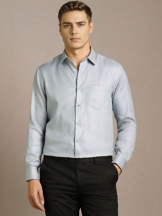 Louis Philippe Men Grey Textured Full Sleeves Formal Shirts