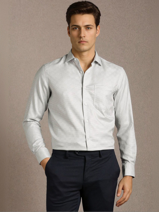 Louis Philippe Men Grey Check Full Sleeves Formal Shirts