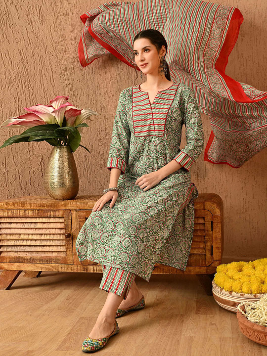 Anouk Women Floral Printed Regular Pure Cotton Kurta with Trousers & With Dupatta