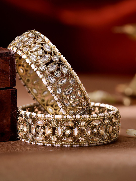 Set of 2 22K Gold Plated Kundan & CZ Studded & Pearl Beaded Handcrafted Bangles